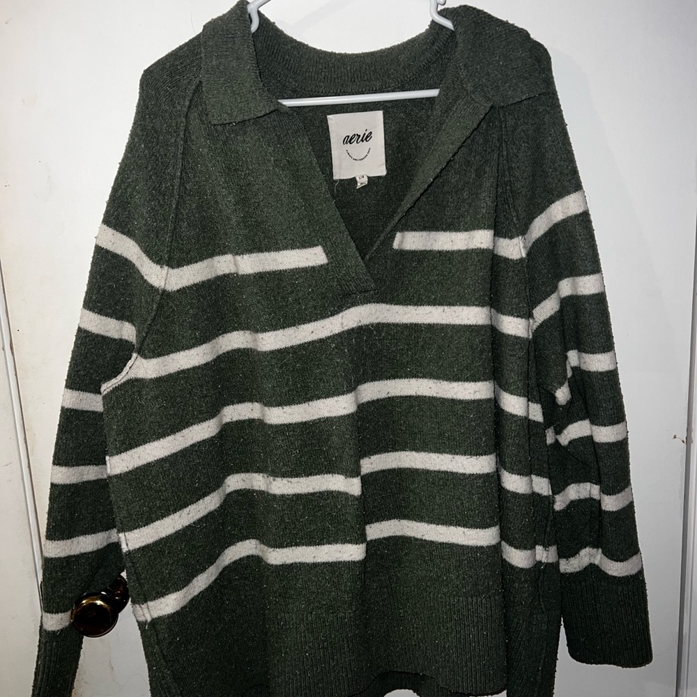 Aerie Forest Green and White V-Neck Sweater